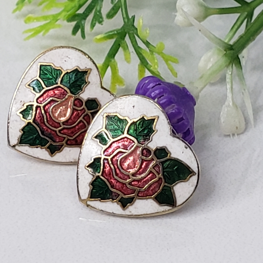 Unique Vintage Enamel Cloisonnè Rose's on Hearts Pierced Earrings